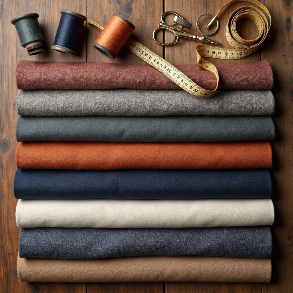 Fabric swatches and thread spools arranged on a wooden tailoring table