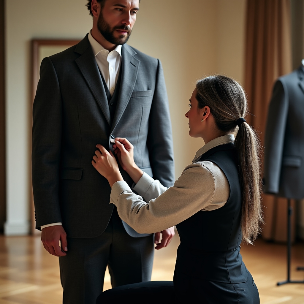Tailor pinning the shoulder seam of a gray blazer during a client fitting session