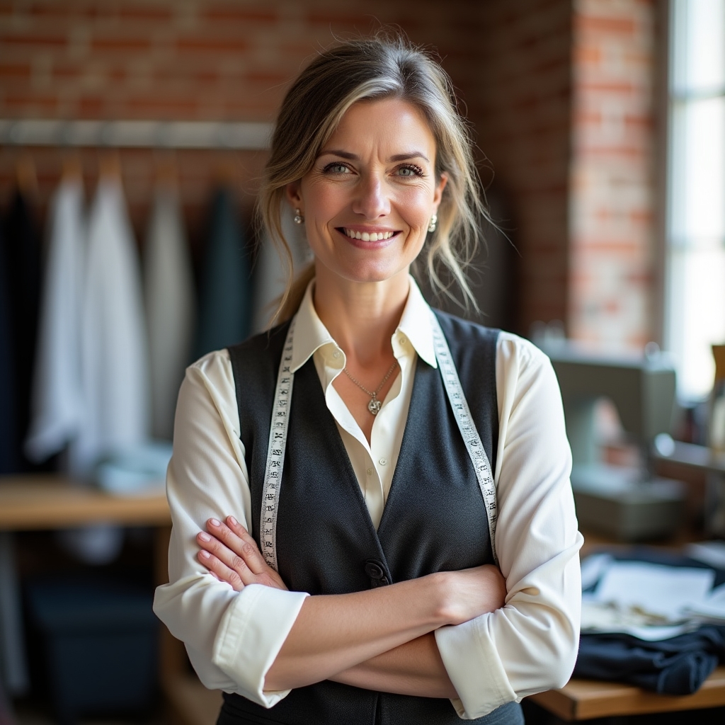 Portrait of Eleanor Voss, master tailor, standing in the studio workshop