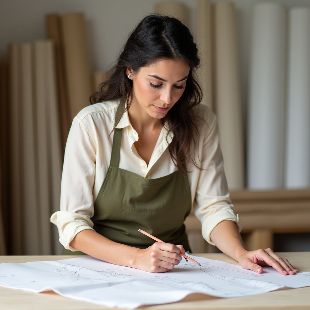 Portrait of Sofia Marchetti, pattern maker, reviewing a paper pattern
